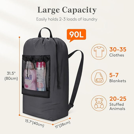 Lifewit 90L Laundry Bag Backpack for Laundromat, Extra Large Handy Laundry Sack with Shoulder Straps and Mesh Pocket, Heavy Duty Hamper for Dirty Clothes for College Dorm/Travel/Apartment, Dark Gray