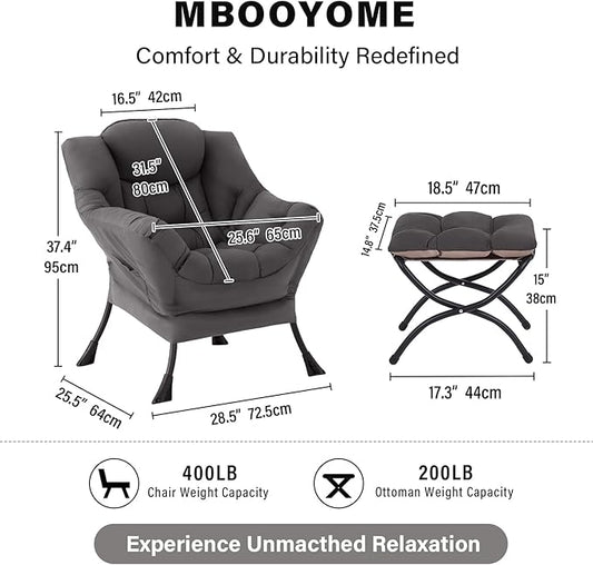 Lazy Chair with Folding Ottoman, Modern Accent Lounge Armchair with Armrests and a Side Pocket & Foldable Footstool, Leisure Reading Chair for Living Room, Bedroom, Dorm & Office, Dark Grey