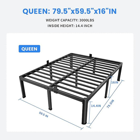 MAF 16 Inch Queen Bed Frames with Round Corner Legs Mattress Slide Stopper No Box Spring Needed Heavy Duty Metal Platform Bed Frame Under-Bed Storage Space, 3000 LBS Steel Slats Support