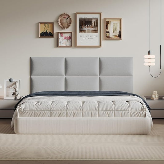 Portable Light Gray Removable Linen Headboard 24x12 Inch 6-Panel Kit - Space-Efficient Design for Queen Beds, No Tools Required
