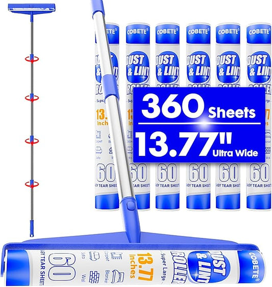 COBETE 13.77" Large Extra Sticky Lint Roller, 69.88" Long Handle Lint Remover with 6 Rollers for Clothes, Cat Dog Pet Hair, Furniture, Couch, Carpet, Floor,Painted Wall Cleaner Mop Dust Cleaning