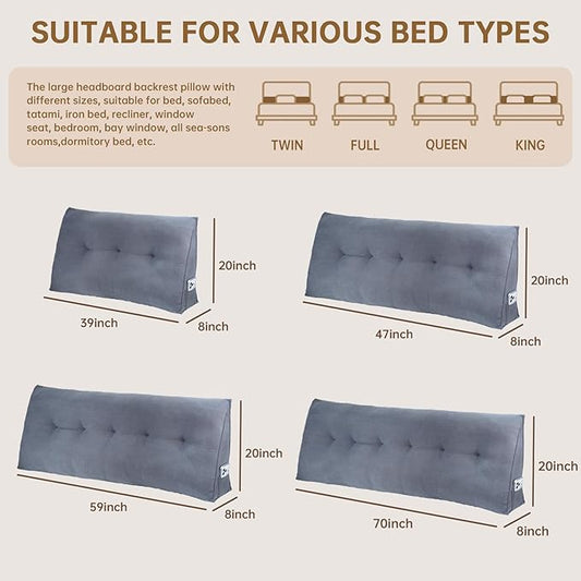 Headboard Pillow Full Bed Wedge Pillow for Dorm, Daybed, Back Support, Sitting Up, Reading, Relaxing, Dark Grey