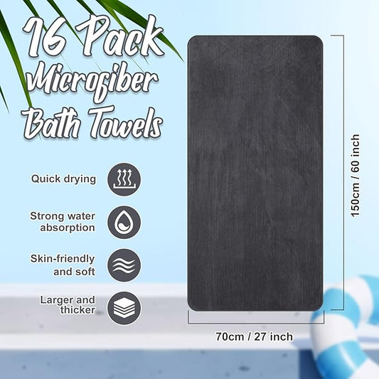 16 Pack Microfiber Bath Towels Bulk 27'' x 60'' Oversized Size Bath Towel Highly Absorbent Extra Large Soft Drying for Shower Beach Winter Salon Sport Gym Party (Stripe,Dark Grey)