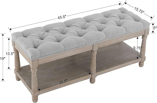 chairus Shoe Rack Bench Storage Vintage Bedroom Padded Bench Seat End of Bed, Fabric Tufted Farmhouse French Entryway Bench with Wood Legs for Hallway Foyer, Gray