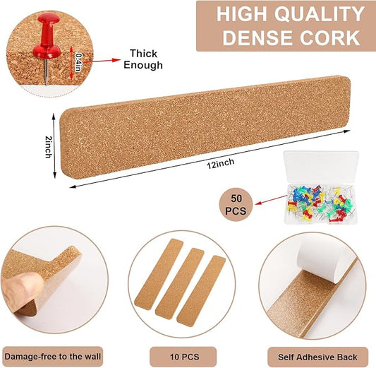 FEBSNOW Cork Board Strips, 10 Pack Cork Strips for Walls 15x2 Inch Small Cork Boards for Walls Self Adhesive with 50 Push Pins