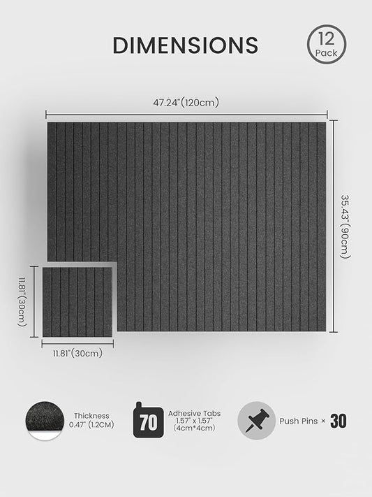 Bumusty Large Cork Board Alternative-47 x35 Felt Bulletin Board Tiles, with 30 Pushpins, 70 Adhesive Tabs, 12-Pack Slat Wall Paneling, Cork Boards for Office Push Pin Board Felt Board-Charcoal Gray