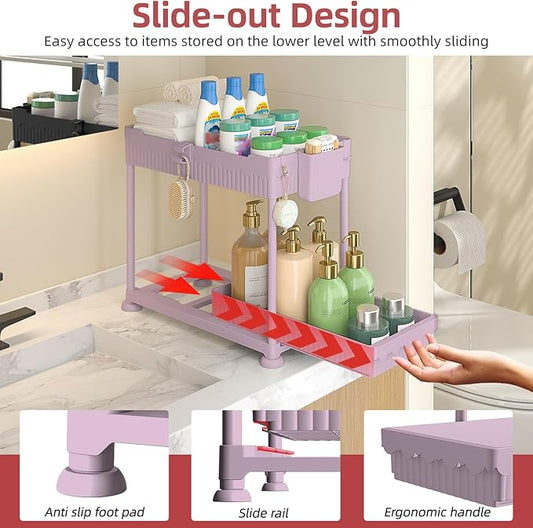 Under Sink Organizer, Bathroom Organizers and Storage, 2 Tier Multi-Use Pull Out Cabinet Organizer with Hang Hooks and Cups (Pink, 4 Pack)
