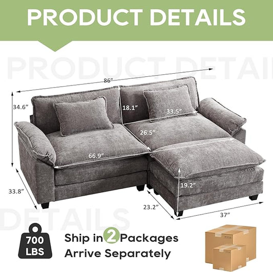 86" Modular Sectional Sofa, Comfy Cloud Couch Sectional Sofa with Ottoman, Chenille Sofa Sleeper Deep Seat Sofa with Throw Pillows for Living Room (Light Gray, 86"- L Shape)