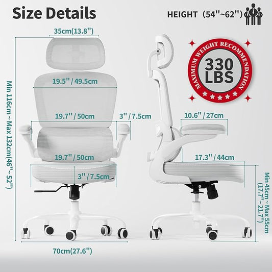 TRALT Ergonomic Office Chair - Desk Chair with Adjustable Headrest Lumbar Support Computer Chair - Mesh Comfy Chair with Flip-up Armrests - Gaming Chairs for Adults Home Office (Leather, White)