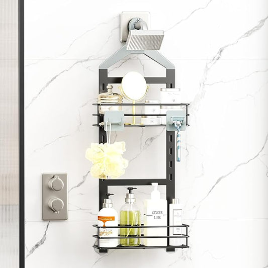 Orimade Adjustable Anti-slip Shower Caddy over Shower Head, Rustproof Bathroom Hanging Shower Organizer with 2 Hooks for Razor, No Drilling Shelves Storage Rack 2 Tier, Grey