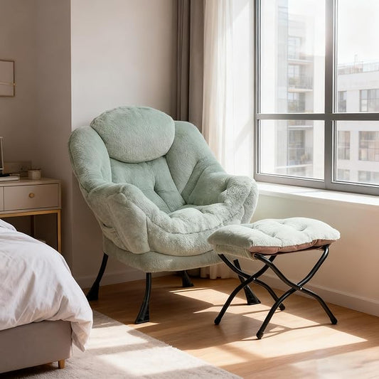 HollyHOME Lazy Chair with Foldable Ottoman, Accent Comfy Lounge Armchair and Folding Footrest Stool, Leisure Sofa Reading Chair and Footstool for Living Room, Bedroom, Dorm,Faux Fur Pea Green