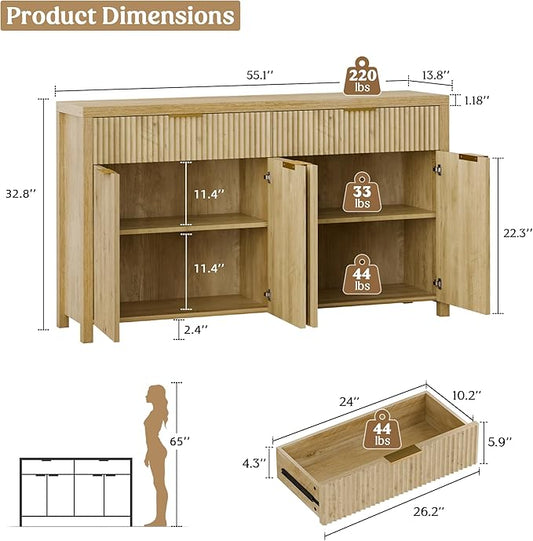 Lulive Fluted Buffet Cabinet with Storage 55 inch Wood Large Sideboard with Adjustable Shelves for Entryway Kitchen Living Room