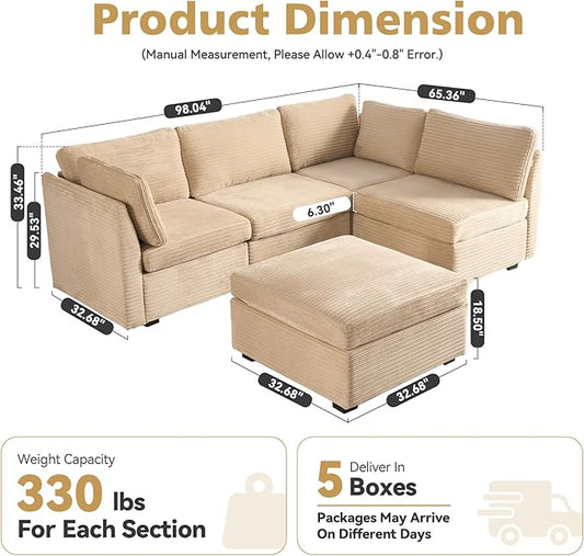 Modular Sectional Sofa,5 Pieces Sectional Couches for Living Room,131X65 L Shaped Cloud Couch with Ottoman Chaise Set