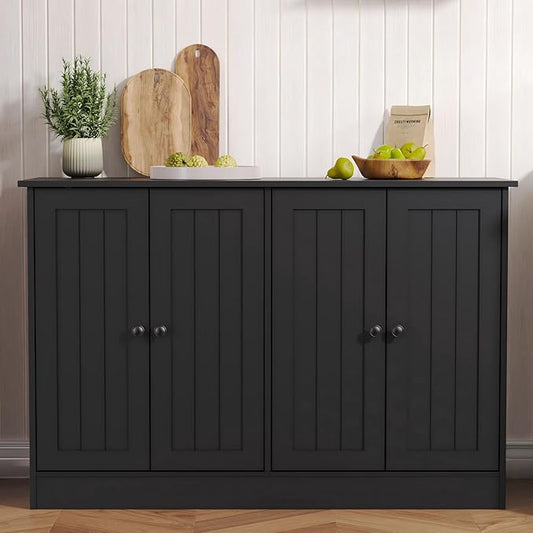 Sideboard Buffet Cabinet with 4 Doors, 47" W Kitchen Storage Cabinet with Storage, Modern Farmhouse Coffee Bar Station Wood Kitchen Table for Living Room Dining Room, Black