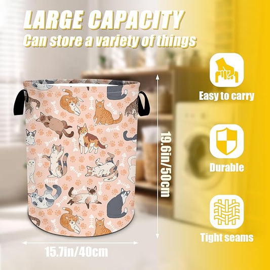 Funny Cats Laundry Basket,Foldable Oxford Cloth Funny Tote Bag Laundry Hamper Clothes Storage Bucket Toy Organizer For Bathroom Laundry Storage Bedroom 18.9x16.5