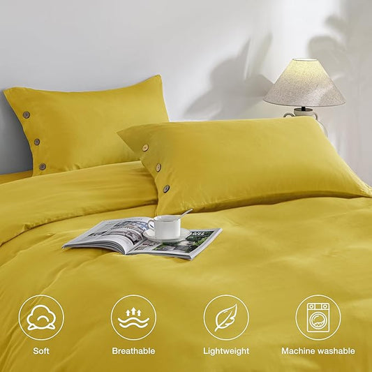 JELLYMONI Pillowcases Standard Set of 2 Cotton Button Pillow Covers 20×26in Yellow Bed Pillow Cases 100% Washed Cotton Soft Breathable (Pillows are not Included)