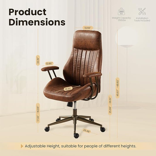 Home Office Desk Chair, Mid-Century Modern Office Chair with Adjustable Lumbar Support, Adjustable Height Executive Chair with 360 Rolling Swivel for Meeting Study Room(High Back, Dark Brown)