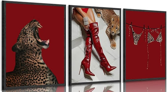 XLYFVLGF 3Pcs Red Fashion Leopard Wall Art Cheetah Wall Decor Pictures Stylish long boots print Bikini Painting Artwork for Living Room Bedroom Bathroom Corridor Home Decoration 16x24in Poster
