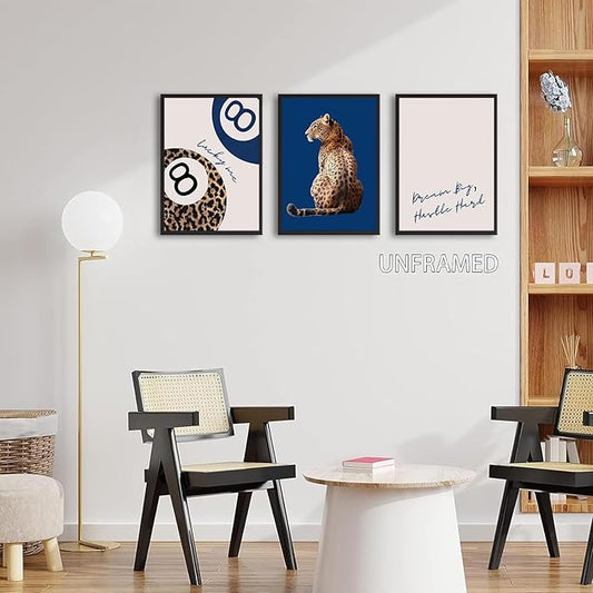 Navy Blue 3 Pcs Leopard Print Wall Art Cheetah animal prints 8 Ball Lucky Me pictures Trendy Wall decor Y2k aesthetics painting artwork for Apartment Dormitory College style Decoration16x24in Poster
