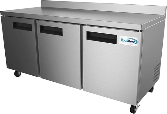 KoolMore 72" Stainless Steel 3 Door Worktop Commercial Refrigerator with 3 1/2 Backsplash - 16.9 cu.ft, Model: RWT-3D-16C