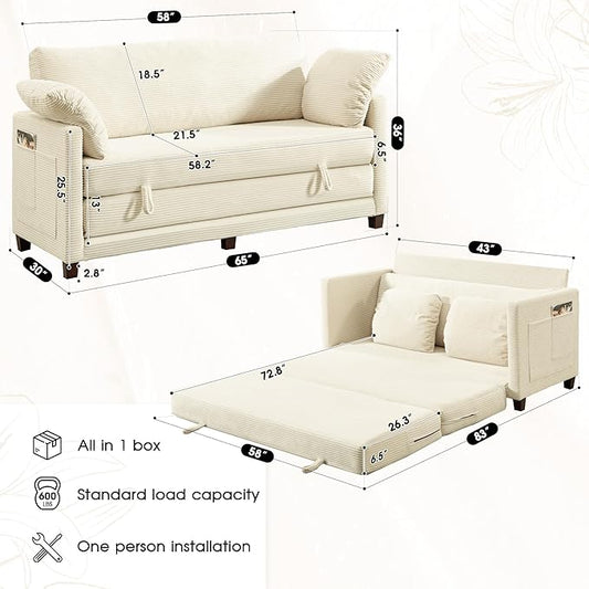 65" Convertible Loveseat Sofa Bed, 2-in-1 Folding Sofa Bed with 2 Pillow for Small Spaces, Modern Sleeper Couch for Apartment, Living Room & Guest Room (Corduroy Beige, 65 inch)