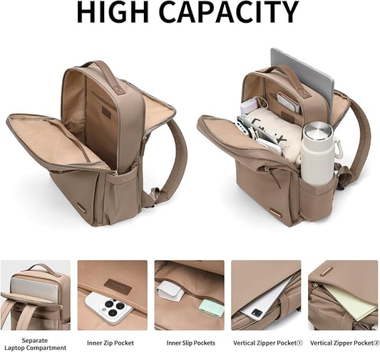 Stylish Laptop Backpack for Women Airline Approved Perfect for Work College and Travel Multi-Functional Casual Daypack Fits 14 Inch Notebook (Champagne)