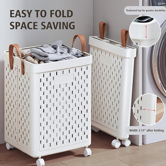 UAK Laundry Basket with Wheels, Collapsible Plastic Laundry Hamper with Handle, Foldable Laundry Basket Organizer for Laundry and Bathroom (Snow White, XXXL)