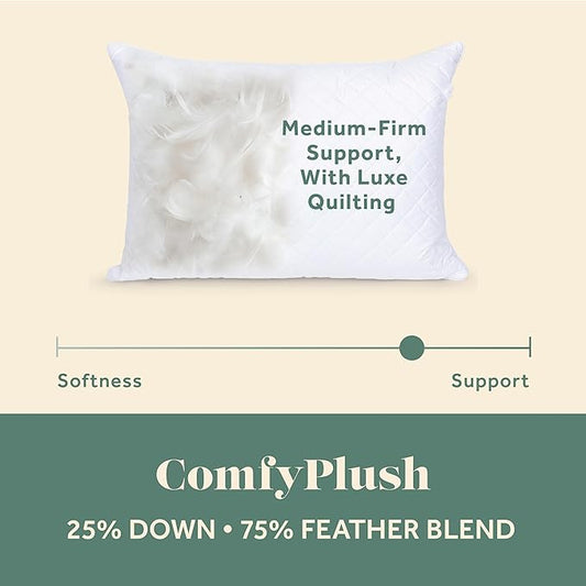 ComfyDown Premium Feather and Down ComfyPlush Supportive Bed Pillow for Sleeping, Luxury Diamond Quilted Cotton Cover, Made in USA, Medium Firm (Twin = 20x28)