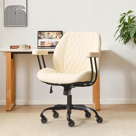 YFO Home Office Desk Chair Office Rubber Casters Ergonomic Computer Chair with Lumbar Support Adjustable Height Rolling Swivel Executive Task Armrests Chair, Cream Leather