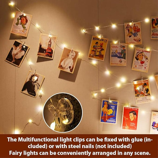 HXWEIYE Warm White Photo Clips String Light, Timer & 8 Modes, 33Ft 100LEDs Battery Powered Fairy Light with 52 Clear Clips & 12 Hooks on Wall for Hanging Picture,Bedroom Party