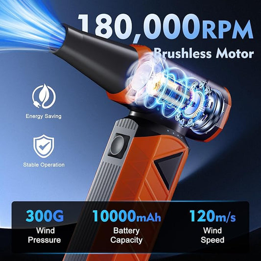 WHATOOK Updated Compressed Air Duster: Air Blower with Stepless Speed Regulation Mode, 180000RPM Electric Air Duster with Brushless Motor, Air Duster for Keyboard, PC, Car and Home Cleaning(Orange)