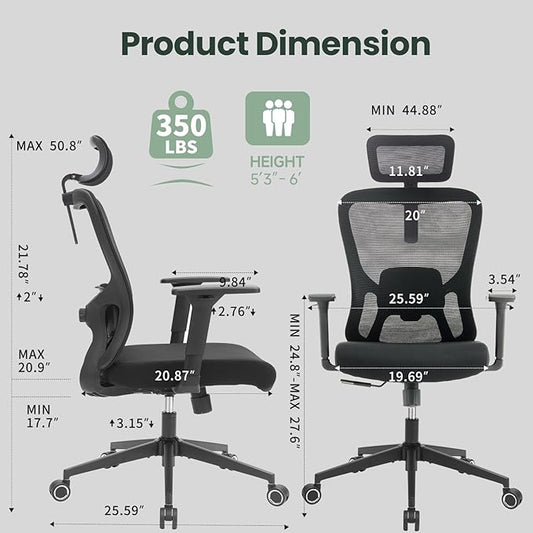 Ergonomic Office Chair - 350LB Mesh Office Chair with Adjustable Lumbar, High Back Computer Desk Chair with 3D Armrests, Comfy Chair with 2D Headrest & Tilt Function for Study, Work, Gaming