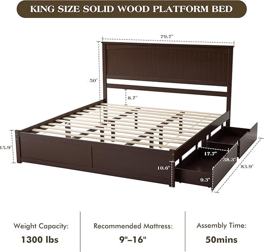 King Size Solid Wood Bed Frame with Storage, Mid-Century Modern Platform Bed with 50" Headboard & 2 Drawers, No Box Spring Needed/Quiet Support/Easy Assembly/Espresso Brown Finish