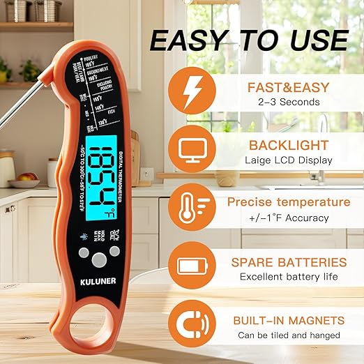 KULUNER TP-01 Waterproof Digital Instant Read Meat Thermometer with 4.6 Folding Probe Backlight Calibration Function for Cooking Food Candy, BBQ Grill, Liquids,Beef(Orange)