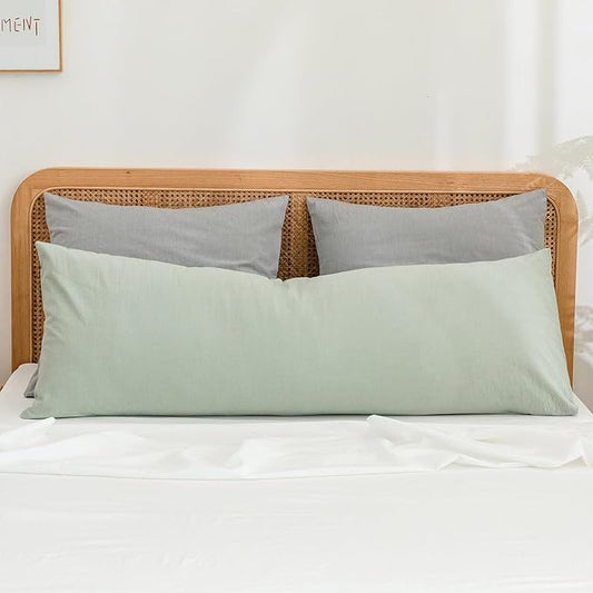 BESTOUCH 100% Washed Cotton Pillowcase for Hair and Skin Linen Feel Soft Comfortable Breathable 1 Pcs Pillow Case with Envelope Closure Solid Sage Green Body 20x54 Inches