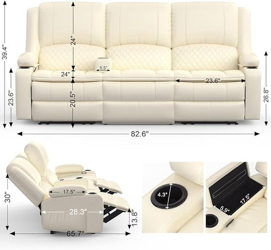 Recliner Sofa, 3 Seater Manual Reclining Sofa with 2-Tier Cushion, Reclining Couches for Living Room with Removable Console, Hidden Storage Space, Cup Holders - White