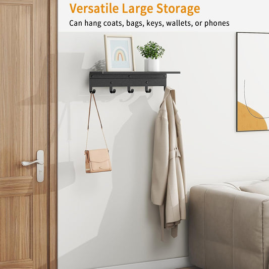 Bethom Wall Shelf with Hooks, Metal Coat Rack Wall Mounted with 5 Hooks, 17 Inch Clothes Hooks Entryway Coat Hangers Storage Clothes, Bags, Purse, Keys for Living Room, Bedroom, Black