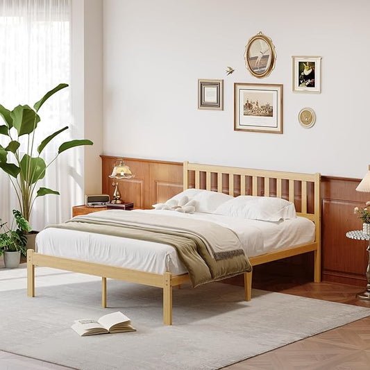 14 in High Solid Bamboo Wood Full Bed Frame with Headboard, Platform Full Size Bed Frame, Heavy Duty, No Box Spring Needed, Nosie Free