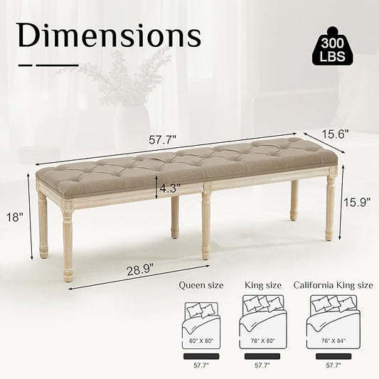 LOULENS 57.7" Linen Fabric End of Bed Bench, French Upholstered Button Tufted Bench for Bedroom End of Bed, Window Seat with Carved Wood Legs for Bedroom, Living Room, Entryway, Light Brown