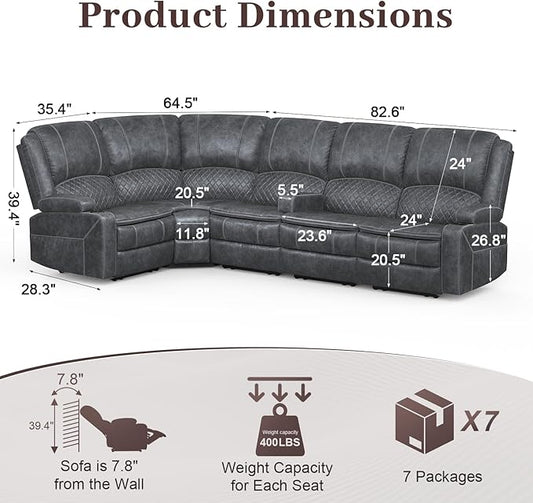 Manual Reclining Sectional Sofa Set, 5 Seats 1+1+3 Dutch Velvet Reclining Corner Sectional Couch, Family-Sized L-Shaped Recliner Couch with USB Charging, Thickened Padding, Sturdy Frame, Grey