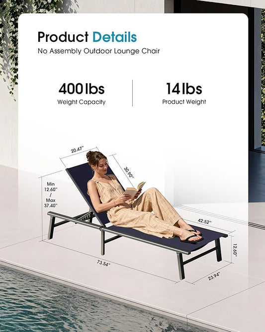 Ciokea Upgraded Aluminum Outdoor Lounge Chair - No Assembly Needed, Foldable Patio Chaise Lounge with 5 Adjustable Positions, Reinforced Frame for Extra Durability, Pool Beach Lounge Chair, Navy Blue