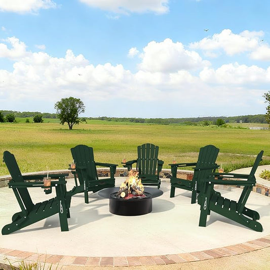 Adirondack Chair Set of 8, Folding All-Weather Outdoor HDPE Patio Chair with Cup Holder, Green