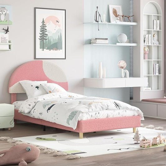 Garvee Twin Bed Frame with Round Boucle Headboard, Upholstered Arch-Shaped Design in Soft Pink & White, Modern Kids Wooden Slats Bed, No Box Spring Required & Easy Assembly