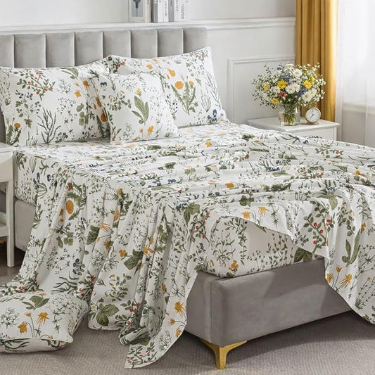 FADFAY Twin XL Sheets Set, 100% Percale Cotton Floral Dorm Bedding, Extra Long Twin Botanical Print Sheets & Pillowcases Yellow Flowers & Leaves, Breathable & Soft Wildflower Bedding for College