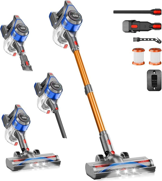 Cordless Stick Vacuum Cleaner - Rechargeable, 35Kpa Powerful Vacuums with Detachable Battery, LED Display, 45Mins Runtime, 8 in 1 Handheld Vacuum for Hardfloor & Carpets Pet Hair, Blue