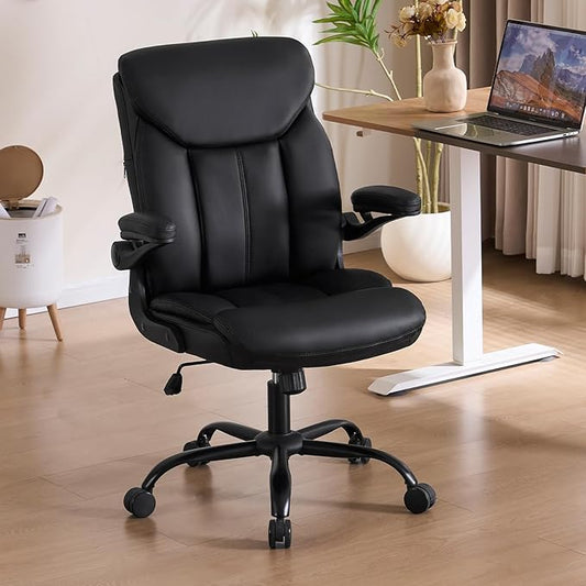 Office Chair, Ergonomic Computer Chair with Flip-up Arms Home Desk Chairs Comfy PU Leather Executive Mid Back Support Adjustable Height Tilt Lock Swivel Rolling Wheels, Black