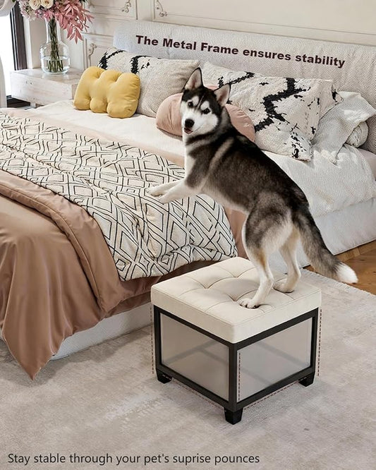 17.7 inches Velvet turfed Ottomans Cube with Storage, Metal-Framed Square Linen Storage Ottoman Foot Rest Stool Holds 770 LB for Dorm Living Room Bedroom White UASND64W