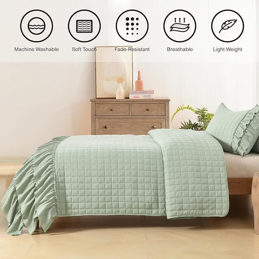 HORIMOTE HOME Asakusa Green Ruffled Quilt Set Twin Size, Geometric Square Stitched Pattern, Pre-Washed Farmhouse Shabby Chic Microfiber Lightweight Bedding Set Bedspread Coverlet for All Season