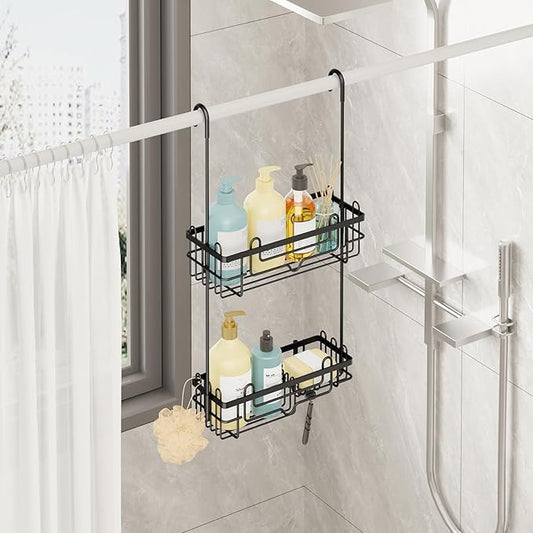 Consumest Over the Door Shower Caddy - 2-Tier Hanging Shower Organizer with Soap Holder, Rustproof Bathroom Storage and Organizer Rack for Shampoo, Towels, and Toiletries, Black