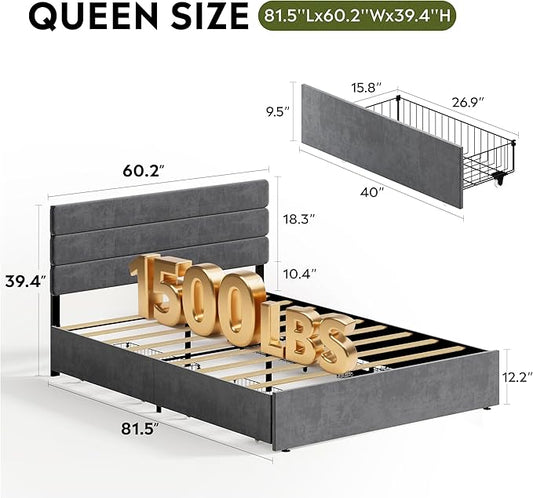 WLIVE Queen Size Upholstered Bed Frame with 4 Storage Drawers and Headboard, Velvet Platform Bedframe, Sturdy Metal & Wooden Slats Support, No Box Spring Needed, Easy Assembly, Dark Grey
